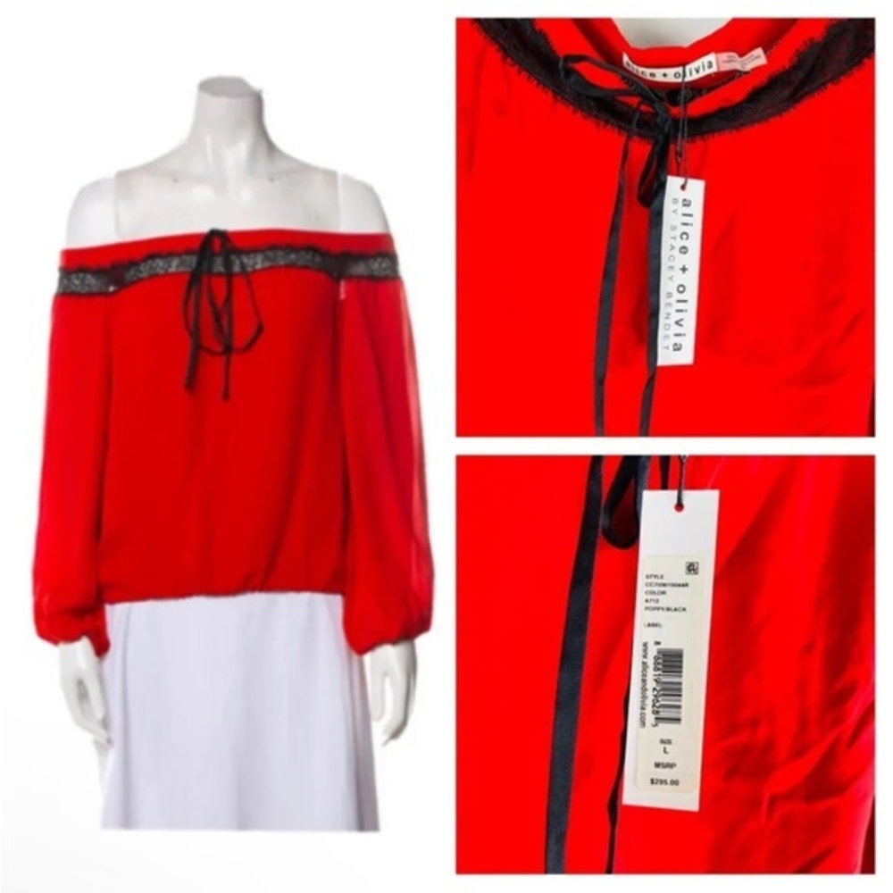 NWT Alice + Oliva Silk Bateau Blouse Red Off Shoulder Lace Bow Balloon Womens LG